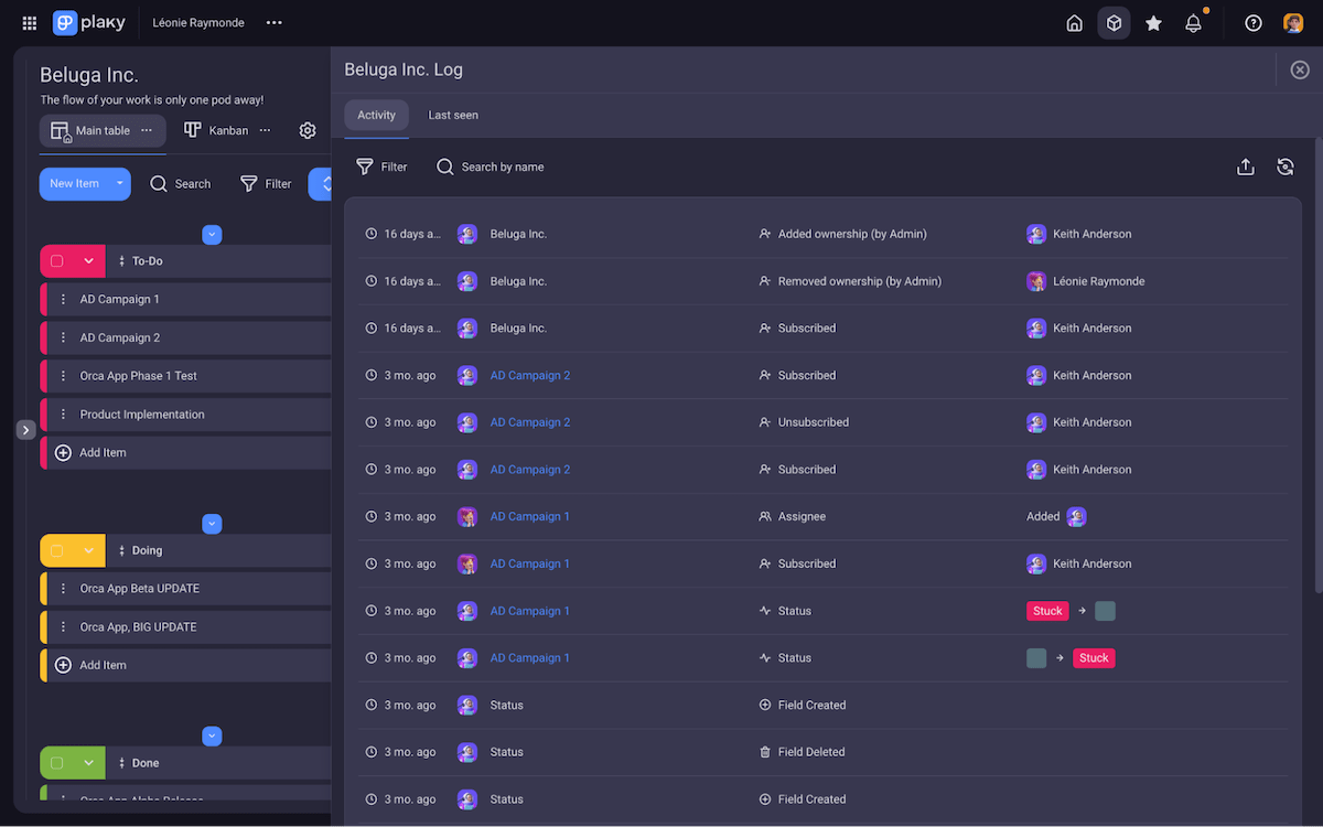 Board activity log in Plaky