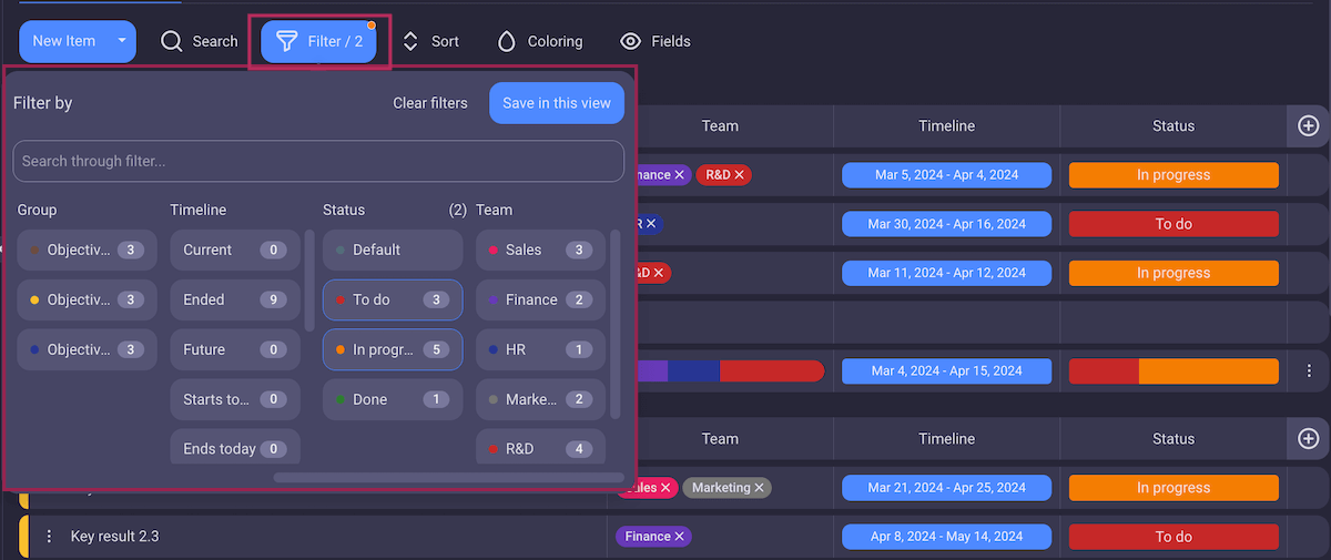 Filter option in Plaky