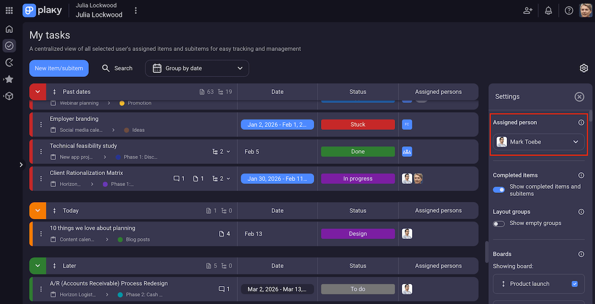 My tasks view in Plaky