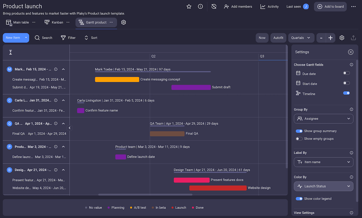 Group tasks in the Gantt chart by different criteria in Plaky