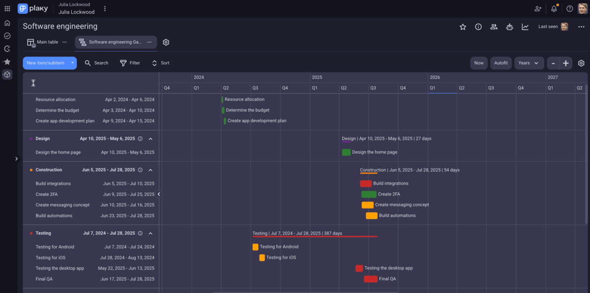 Example of a Gantt chart for software engineering in Plaky
