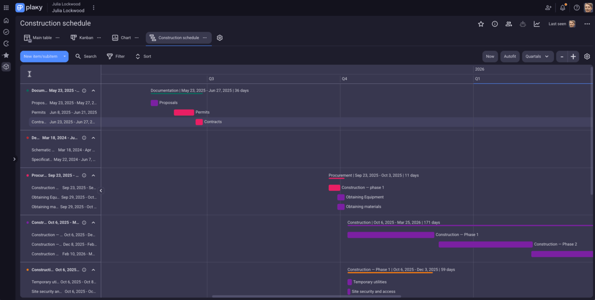 Example of a construction project schedule in Gantt view in Plaky