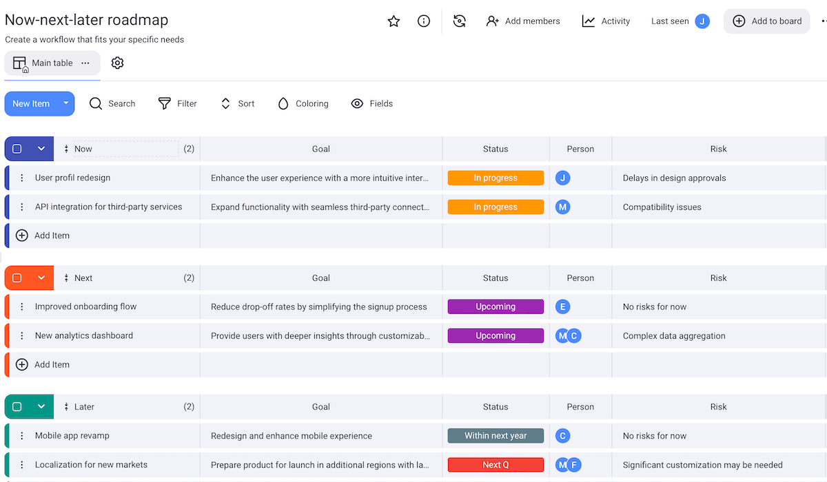 Now-next-later roadmap as seen in Plaky for easy product strategy communication