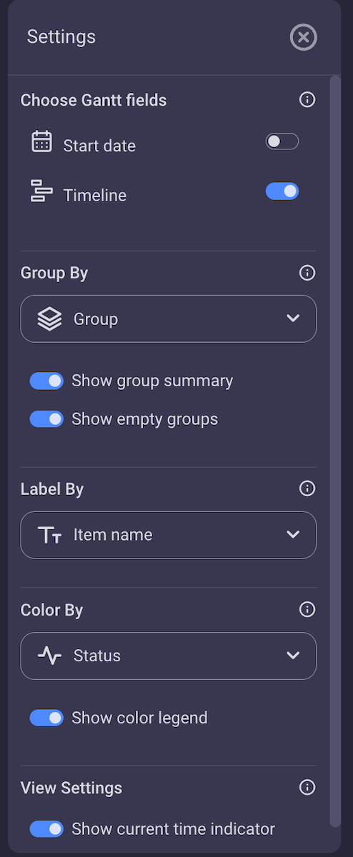 Gantt view settings in Plaky