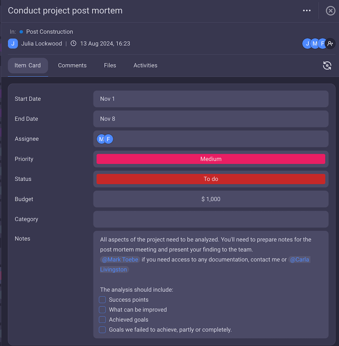 Plan a project post-mortem analysis in Plaky