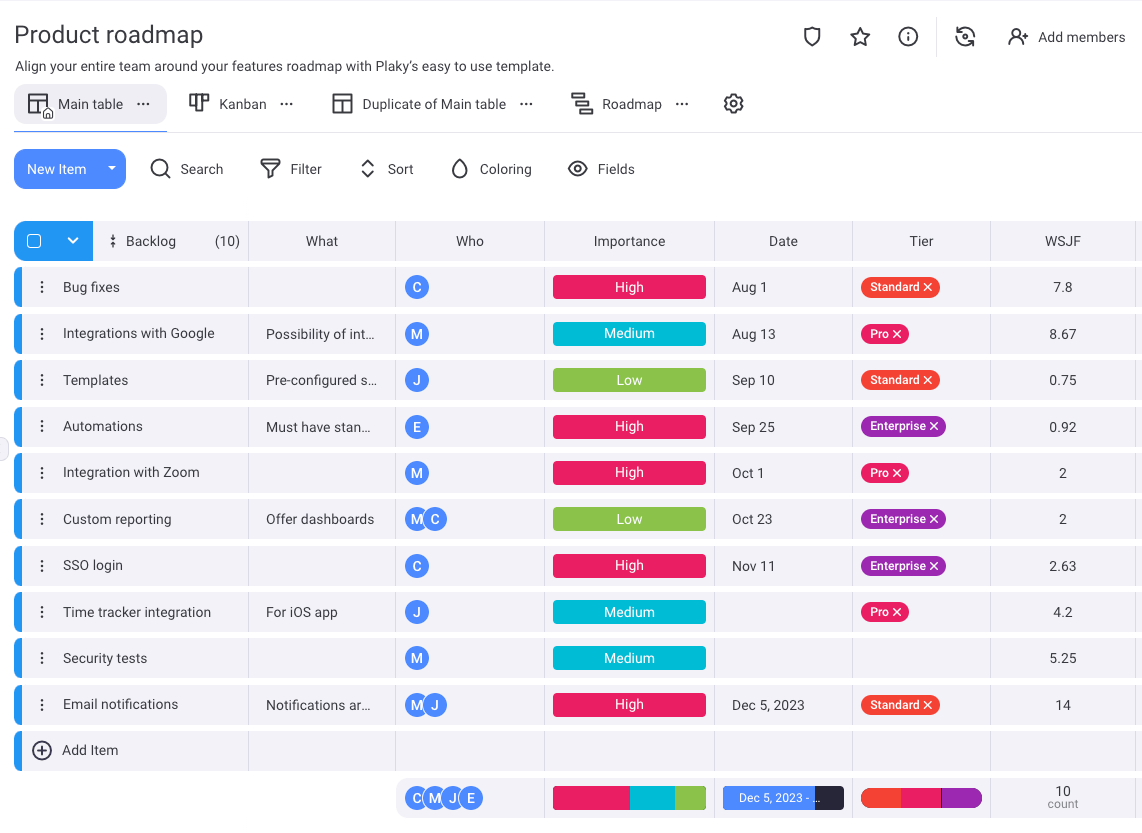 Product roadmap template in Plaky