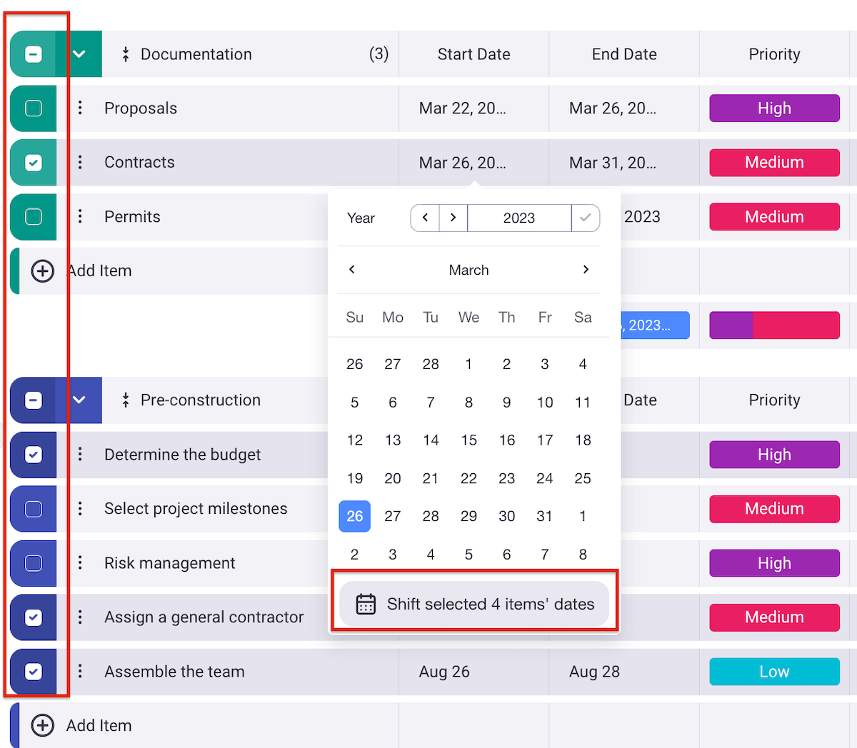 Shift multiple items’ dates in Plaky