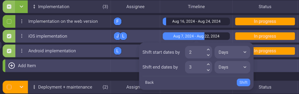 Shift the timeline of one or more tasks in Plaky