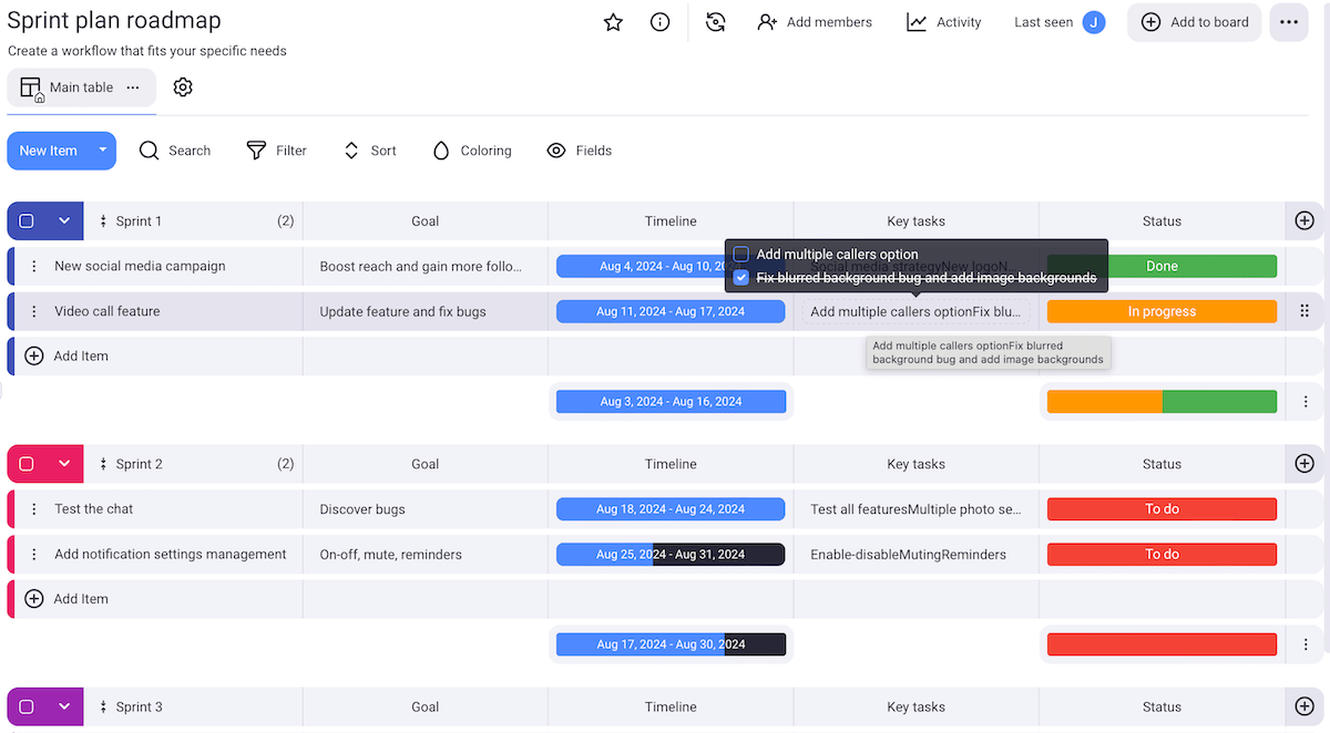 Stay aligned on short-term objectives with a Sprint plan roadmap in Plaky