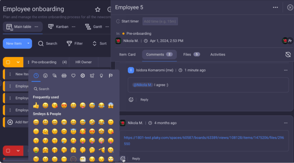 @mention team members to get their attention and react to comments with emojis in Plaky