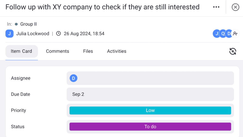 Action item example for sales in Plaky