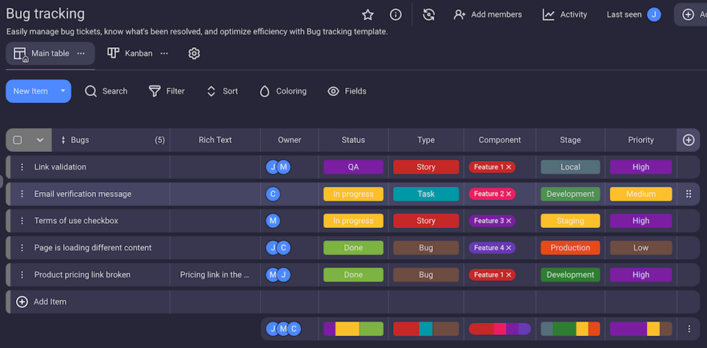 Bug tracking template in Plaky