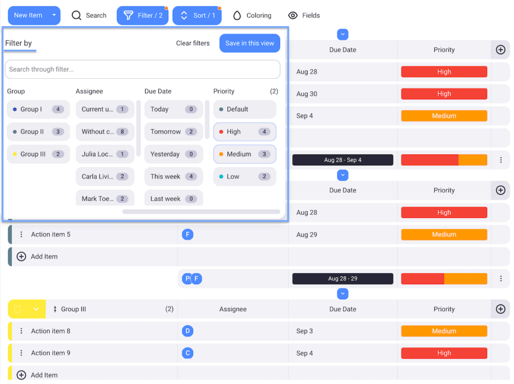 Filtering action items in Plaky