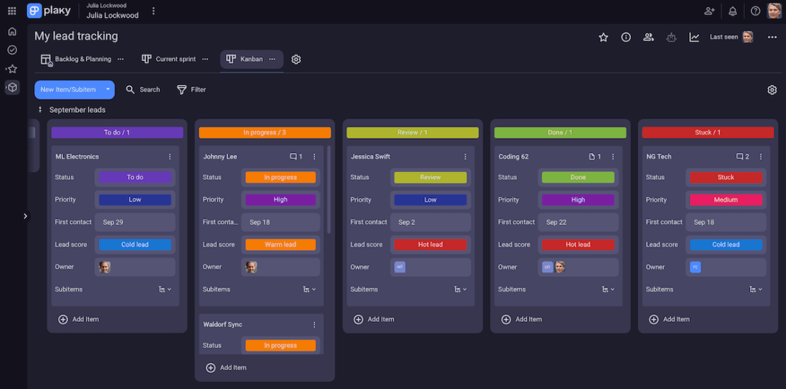 Kanban board view in Plaky project management software