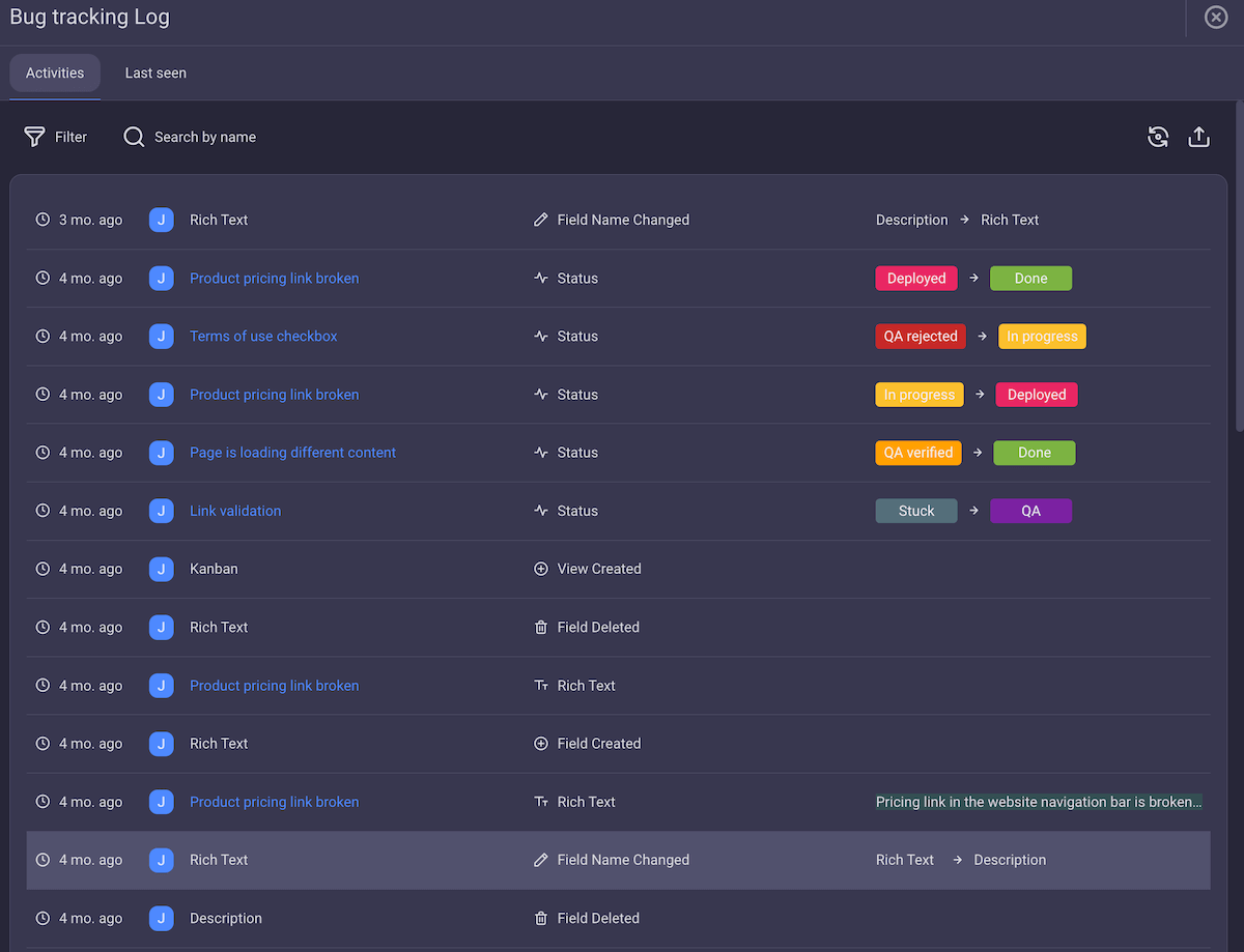 Plaky’s activity log shows a history of all changes made to an item or board