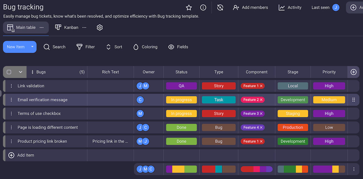 Plaky’s editable bug tracking template