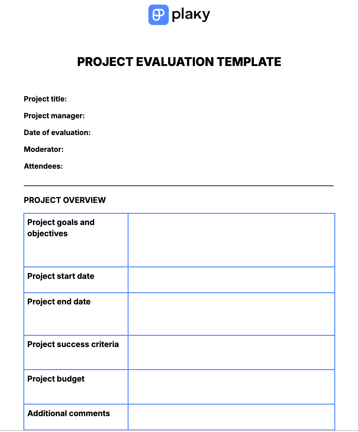 Plaky's project evaluation template