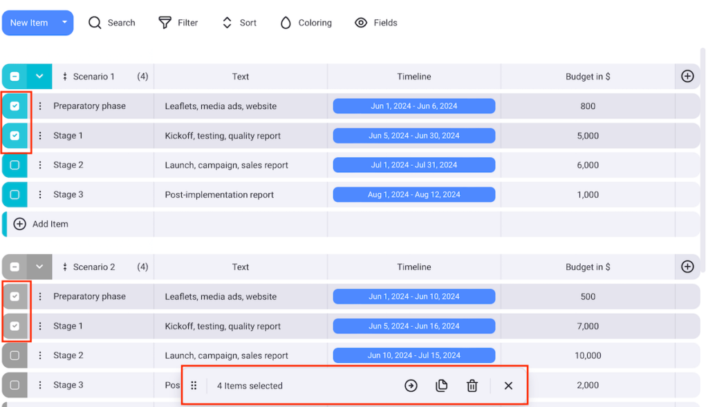 Save time on scenario planning with Plaky's bulk actions