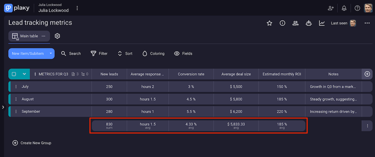 Summary row feature in Plaky project management software