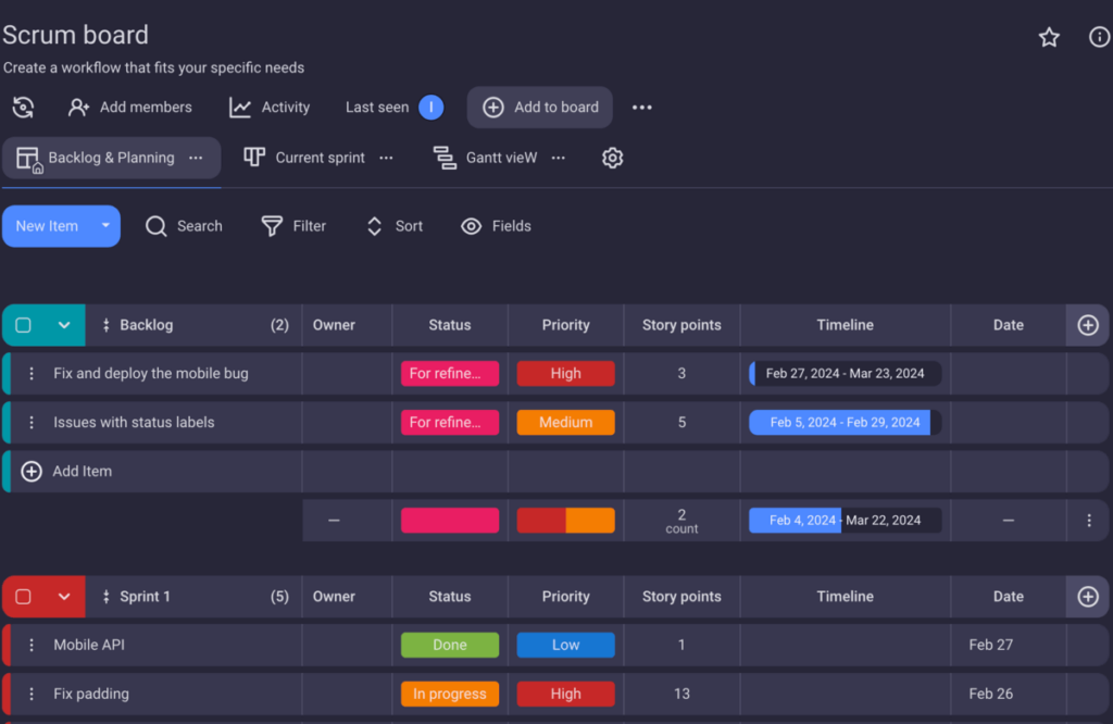 The default table view in Plaky displays key project information