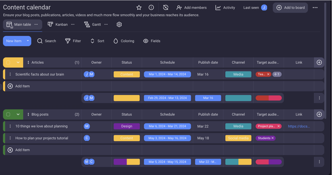 Use Plaky’s content calendar template to organize campaign content