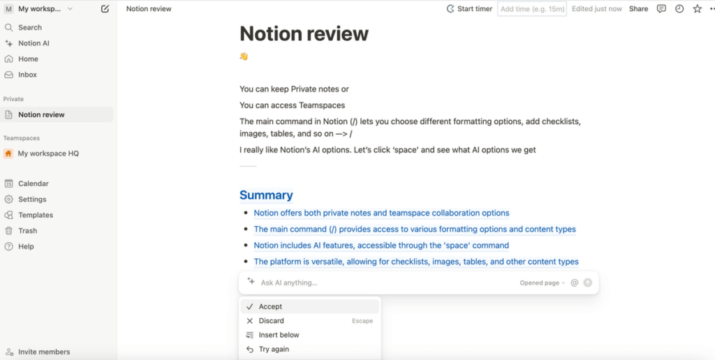 AI summary option in Notion