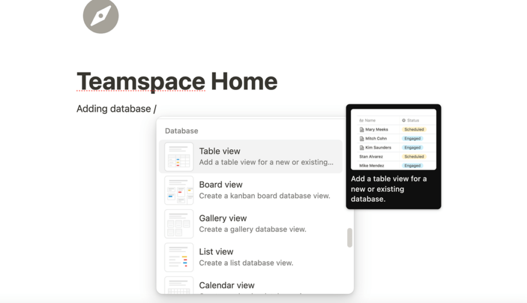 Adding a database in Notion project management software