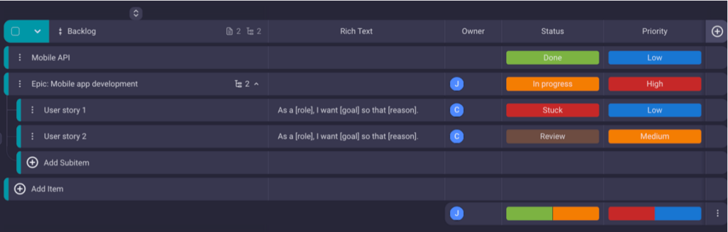 Epics and user stories organized in a Product Backlog in Plaky project management software