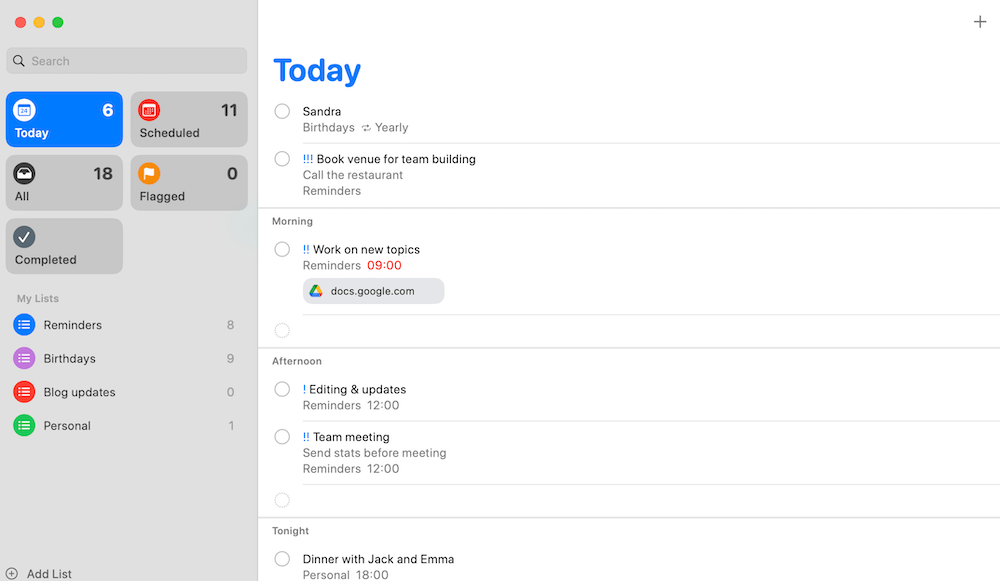 Apple Reminders interface showing various categories of daily tasks