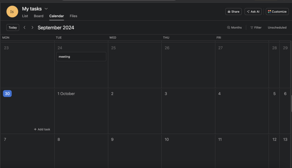 Asana’s Calendar view