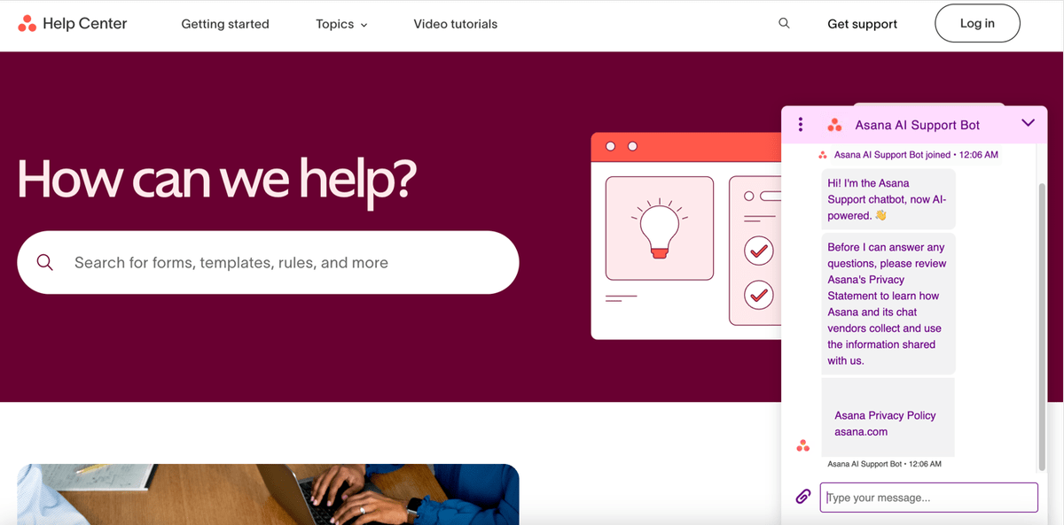 Asana’s help center and support chatbot