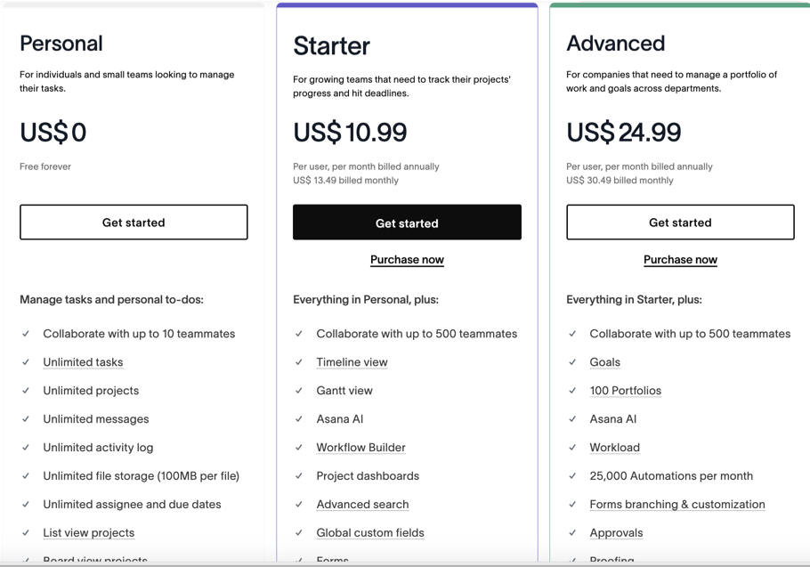 Asana's pricing plans