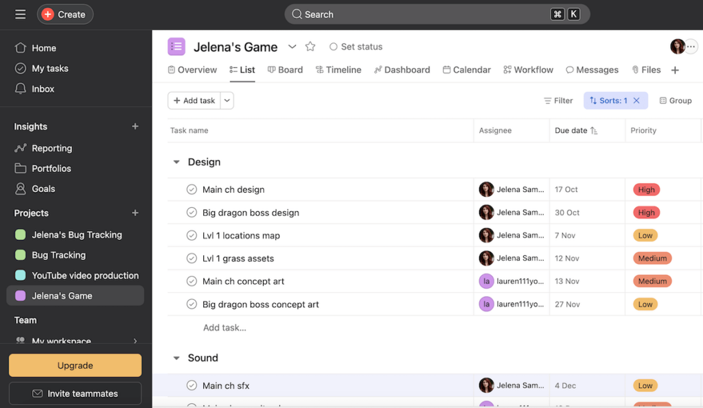 Asana’s user interface