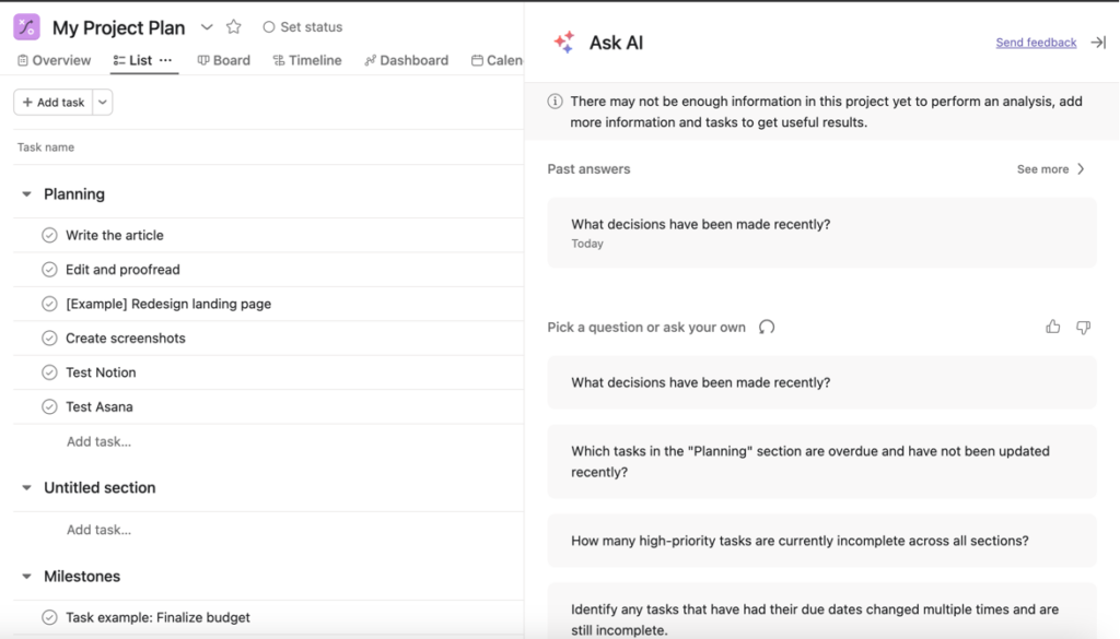 Ask AI option in Asana