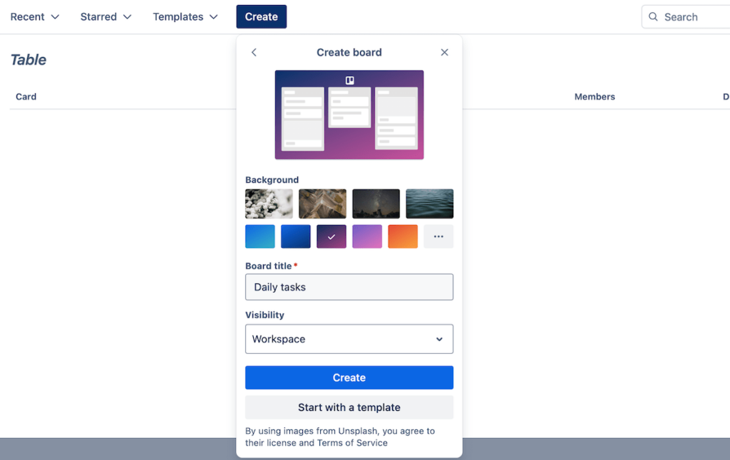 Background customizaton options in Trello daily task planner