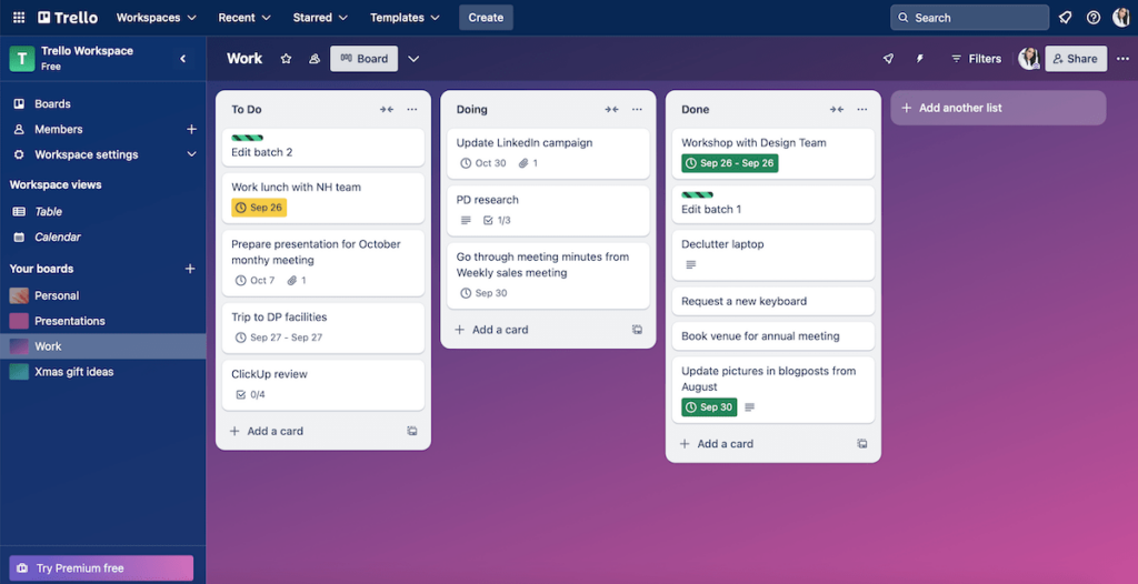 An overview of key task category cards in a Trello board