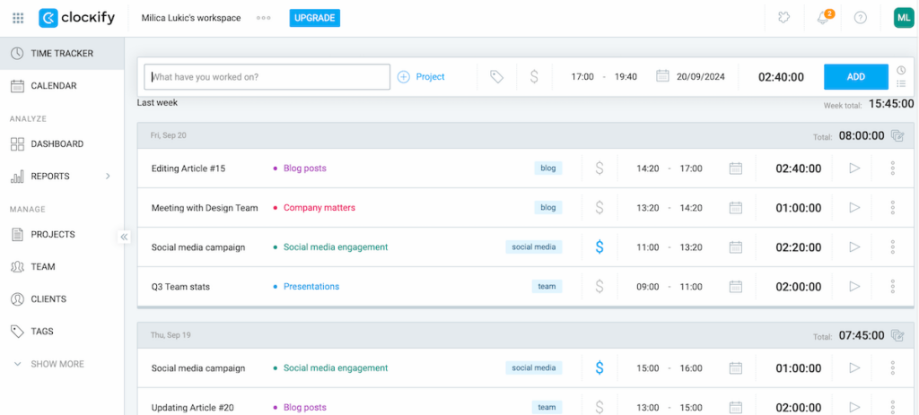 Tracking time spent on tasks in Clockify daily task planner