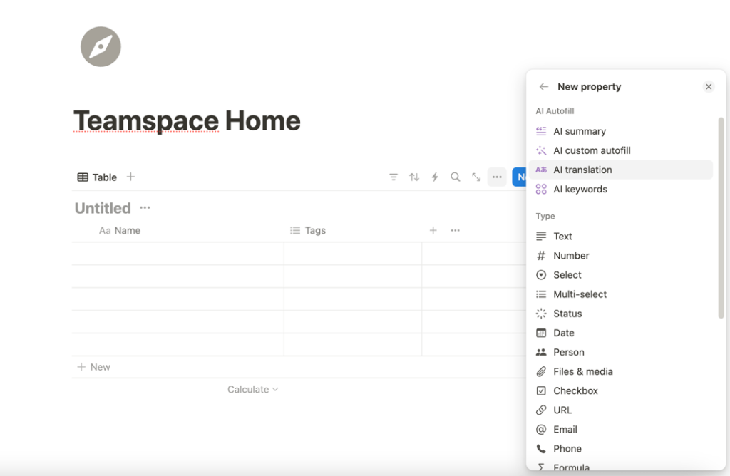 Database properties in Notion project management software