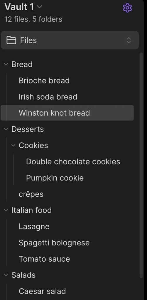 Folders shown in Obsidian note-taking tool
