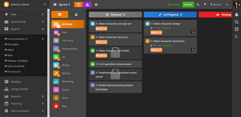 HacknPlan’s user interface