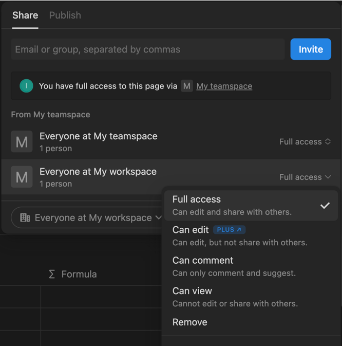 Notion’s sharing options