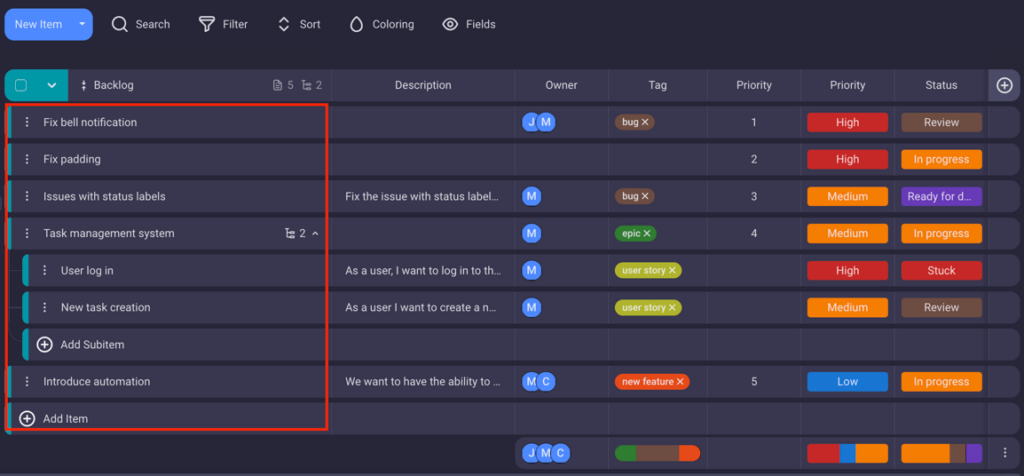 Product Backlog in the form of a to-do list shown in Plaky project management software