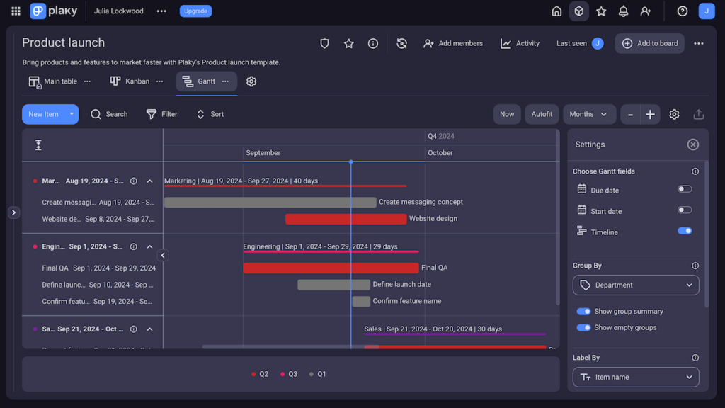 Gantt chart shown in Plaky project management software