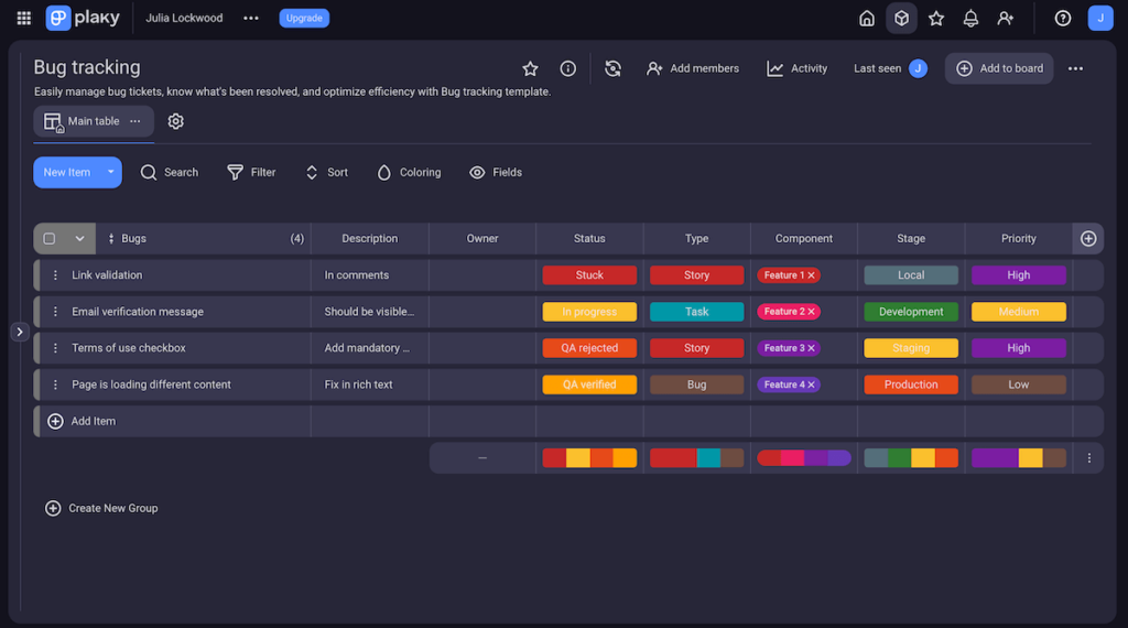 Bug tracking template shown in Plaky project management software