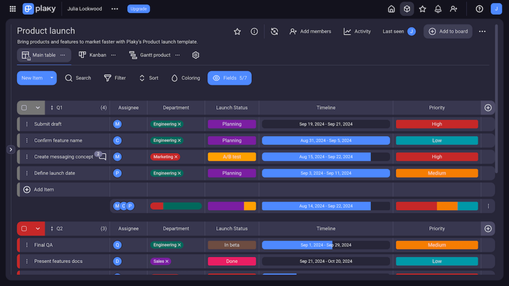 Product launch template shown in Plaky project management software