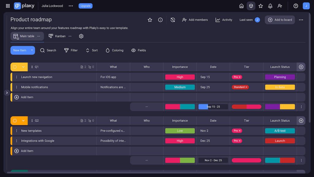 Product roadmap template shown in Plaky project management software