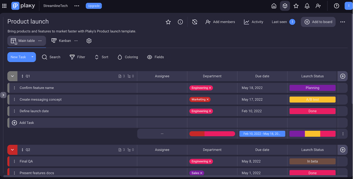 Product launch template shown in Plaky project management software