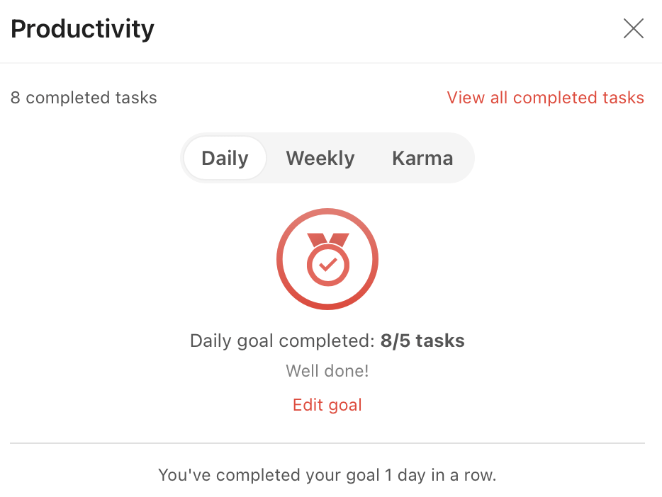 Tracking productivity goals based on completed tasks in Todoist daily task planner