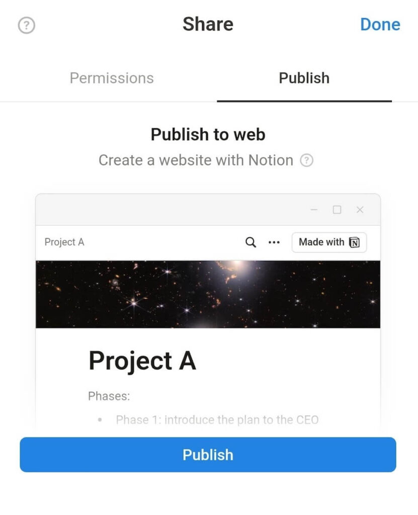 Publishing in Notion note-taking tool