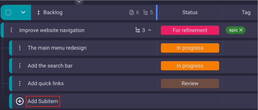 Product Backlog refinement shown in Plaky project management software